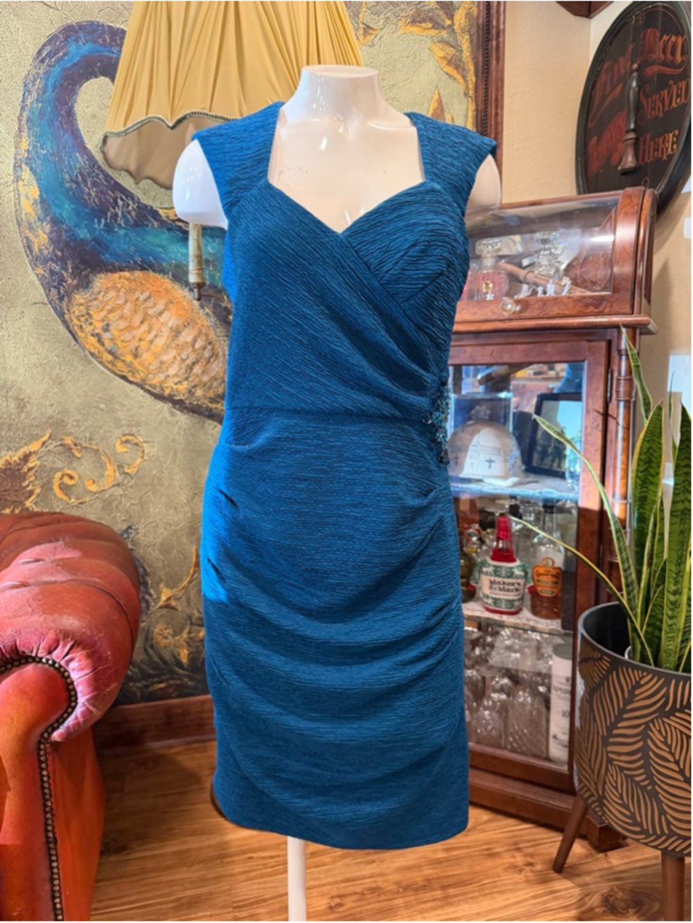 ONE BY EIGHT Teal Ruched Sheath Dress Beaded Waist Cutout Back Cocktail Wedding - Picture 3 of 11